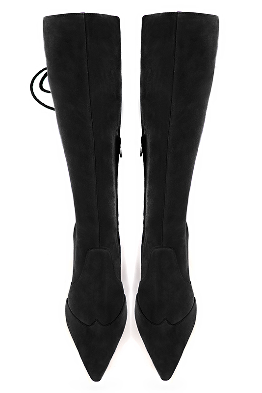 Matt black women's knee-high boots, with laces at the back. Tapered toe. Very high block heels. Made to measure. Top view - Florence KOOIJMAN